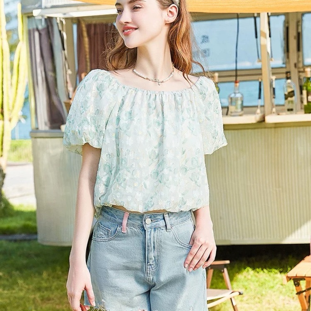 NEW Light Blue Floral Off the Shoulder Puff Sleeve Bubble Hem Crop Top